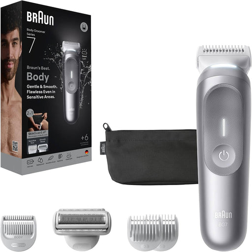 Braun Series 7 Body Groomer for Men, Body, Chest, Armpits, legs & Pubic Hair Trimmer with Smartlight & SkinGuard, 8-in-1 Grooming Kit, Waterproof with 6 Attachments, 100-Min Runtime, BG7550 Grey