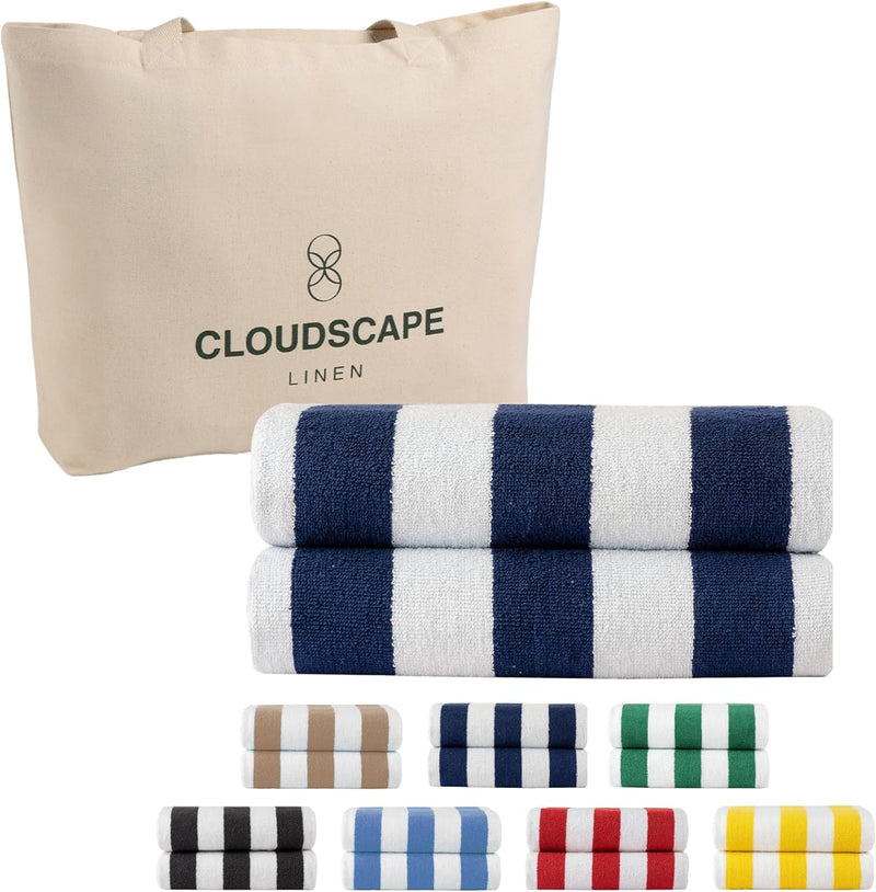 Cloud Scape Linen 2 Pcs Cabana Stripe Beach Towel Set, Oversized Soft Cotton Towel, Quick Dry and Highly Absorbent, Perfect for Beach, Picnic and Fitness, 76x152 cm, Blue