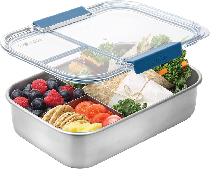 Smash LS-2135 Stainless Steel Microwave Safe 3 Compartment Bento Lunch Box, 1300 milliliters, Sage - Blue ['1300 ml (44 fl oz)']