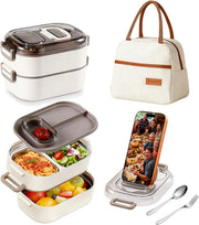 Stainless Steel Lunch Box: 1100ml 2-Layer Insulated Bento Lunch Box for Adults and kids - 304 Lunch Containers Insulated Leakproof with Tableware & Bag - Microwave & Dishwasher Safe (Khaki) - Khaki White