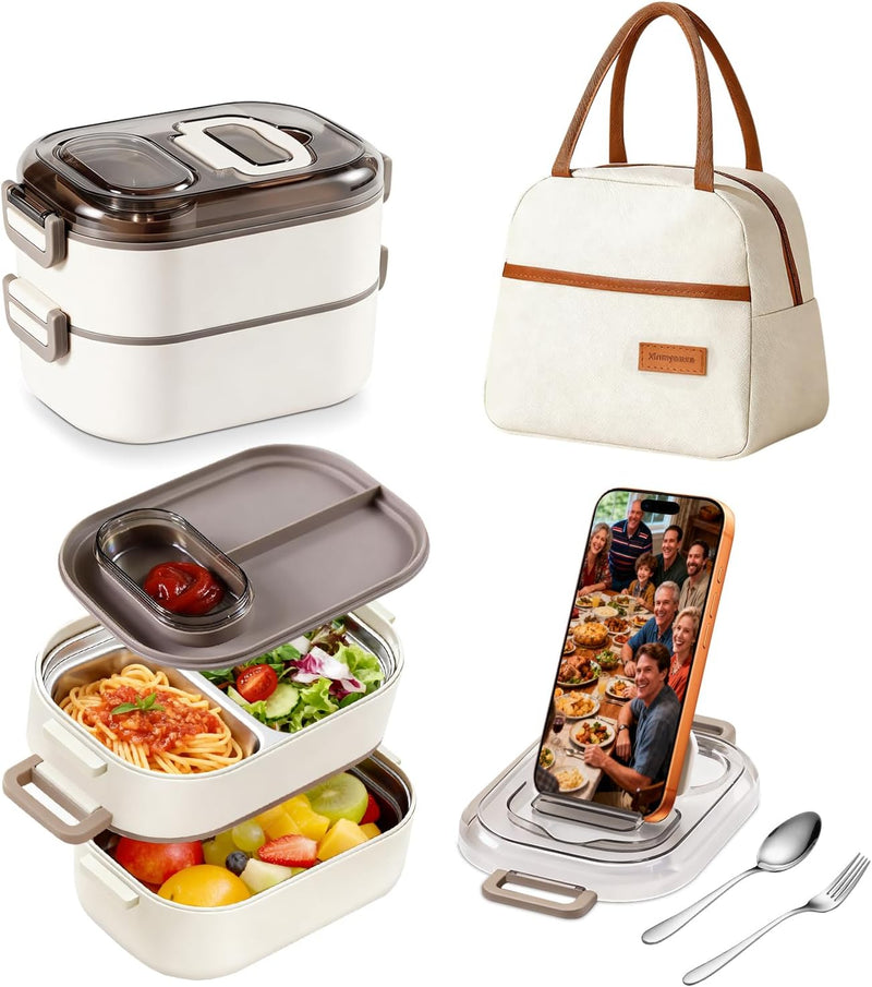 Stainless Steel Lunch Box: 1100ml 2-Layer Insulated Bento Lunch Box for Adults and kids - 304 Lunch Containers Insulated Leakproof with Tableware & Bag - Microwave & Dishwasher Safe (Khaki) - Khaki White