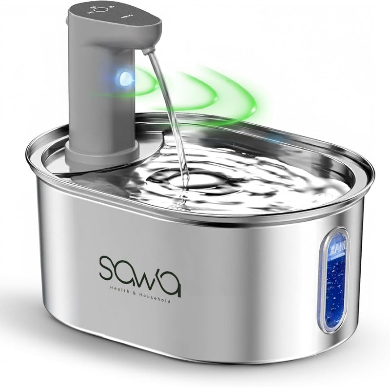 SAWA Cat Water Fountain, 3.2L/108oz Cats Fountains for Drinking, Pet Water Fountain for Cats Indoor, Automatic cat water Dispenser with 2 Flow Modes, kitty Spout Fountains for Cats Dogs - Wireless Stainless Steel Cordless