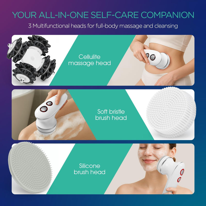 VOYOR Handheld Massager Cordless Deep Tissue Cellulite Massager for Face, Arm, Hand, Neck, Foot and Body, Silicone Face Brush, 3 Multi-Functional Heads, IPX7 Waterproof & Rechargeable VRMM1-NEW