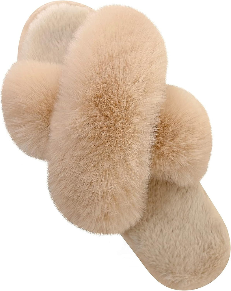 Women's Cross Band Slippers Soft Plush Furry Cozy Open Toe House Shoes Indoor Outdoor Faux Rabbit Fur Warm Comfy Slip On Breathable