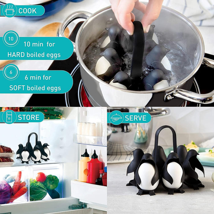 KASTWAVE Penguin-Shaped Boiled Egg Cooker, 3-in-1 Cook, Store and Serve Egg Holder for Making Soft or Hard Boiled Eggs, Holds 6 Eggs for Easy Cooking and Fridge Storage