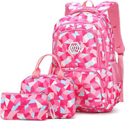 School Backpack for Girls, Teenage Laptop Bags Backpack and Lunch-Bag Set for Girls-Boys School Elementary Bookbags, 3Pcs Primary School Bag Backpack with Lunch Kit - Rose red