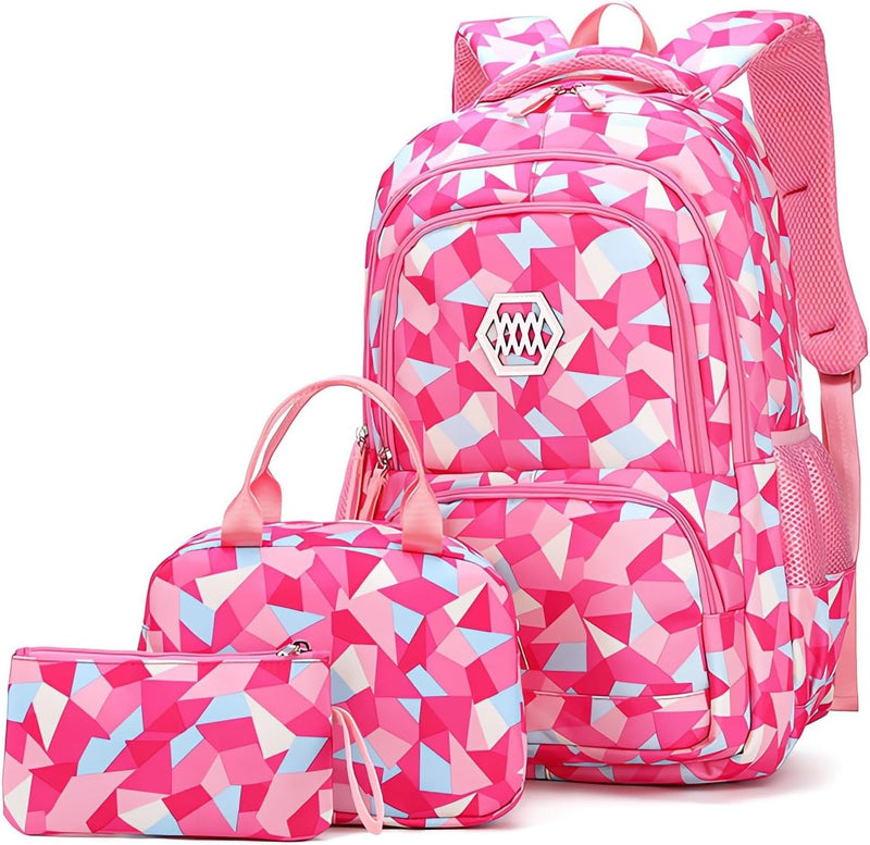 School Backpack for Girls, Teenage Laptop Bags Backpack and Lunch-Bag Set for Girls-Boys School Elementary Bookbags, 3Pcs Primary School Bag Backpack with Lunch Kit - Rose red