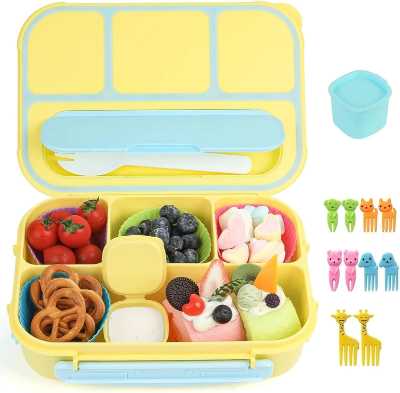 Bento Lunch Box Kids, Lunch Containers Adults With 4 Compartments, Lunch Container for Adults/Kids with forks, Food container 1300ML leak proof, Microwave & Freezer Safe,BPA Free (Green) - Yellow