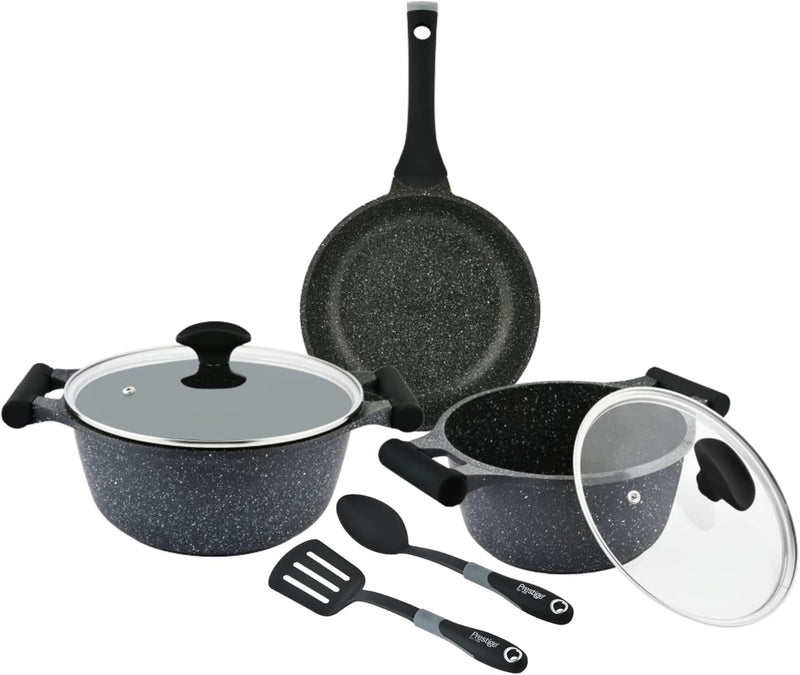 Prestige Essentials Granite 7 Piece Non-Stick Cast Aluminium Cookware Sets Induction Compatible Pots and Pans Set Grenn - PR80960 - Black