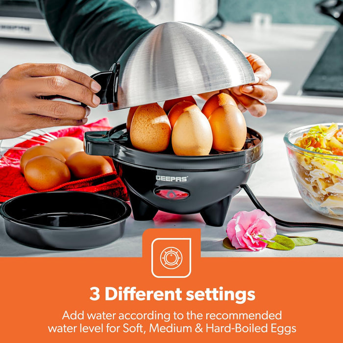 Geepas 3-in-1 Egg Boiler Poacher, 350W | Electric Egg Cooker & Omelette Maker, Vegetable Steamer | Poaching Bowl, Measuring Cup with Egg Piercer | Up to 7 Egg Capacity, Soft Medium & Hard-Boiled Eggs