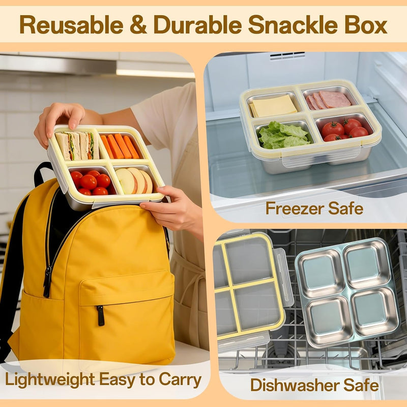 Stainless Steel Snack Containers, 4-Compartment Bento Box with Airtight Lids, Reusable Leakproof Meal Prep Lunch Box for Travel, Picnics, Work, and Food Storage