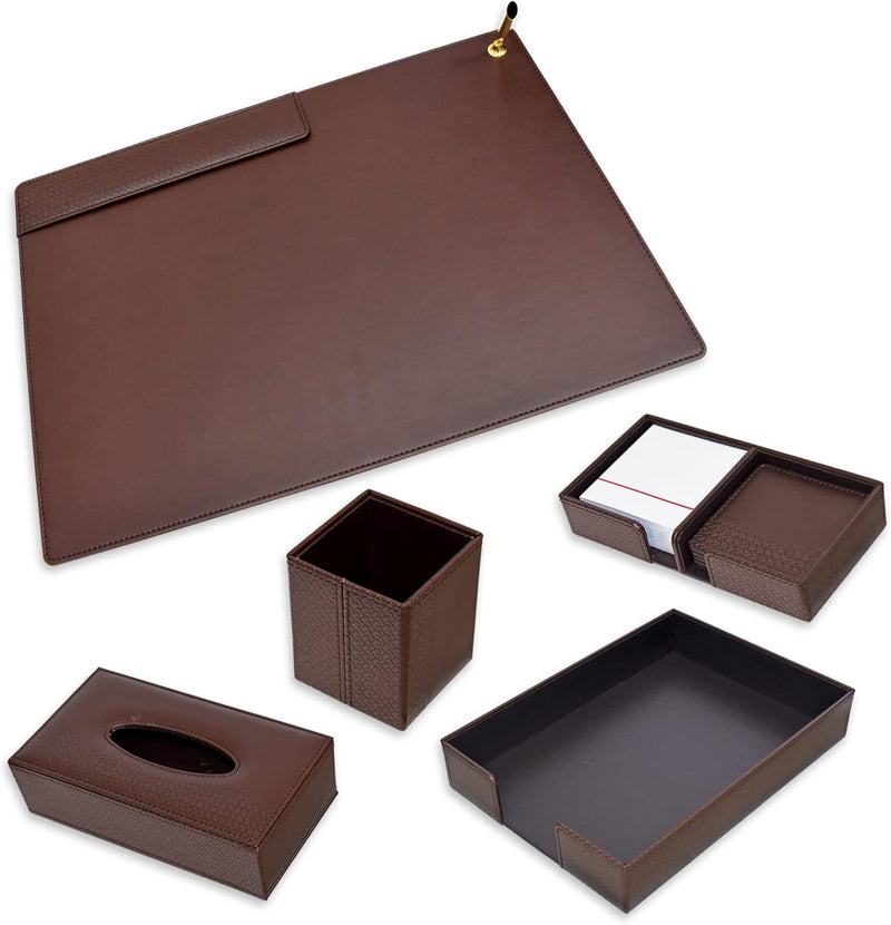 FIS Executive Desk Set with Italian PU Materials, Set of 5 Pieces Desk Set Organizer, Dark Brown Color, Pack in Gift Box-FSDS221DBR