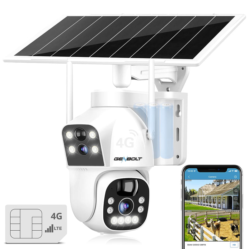 GENBOLT 3G/4G LTE Cellular Solar Security Camera Outdoor Wireless, 8W 15600mAh Battery Operated Surveillance Camera No WiFi, Dual Lens Spotlight IP Camera CCTV with SIM Card