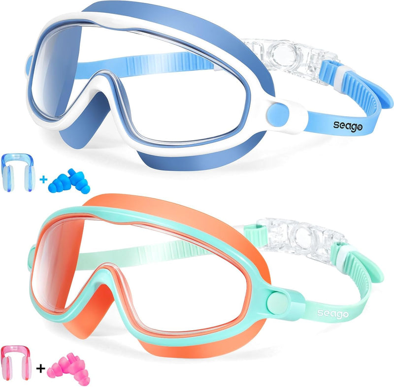 Seago Swim Goggles 2 Pack Anti-Fog Anti-UV Wide View Swimming Goggles for Kids 3-15