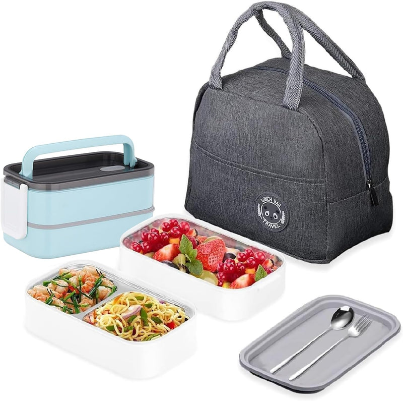 TAPIT Stainless Steel Lunch Box - Insulated Bento Box Multifunctional Containers Food Containers with 2 Compartments,Tableware, Nylon insulation bag (Grey) - H02-Blue