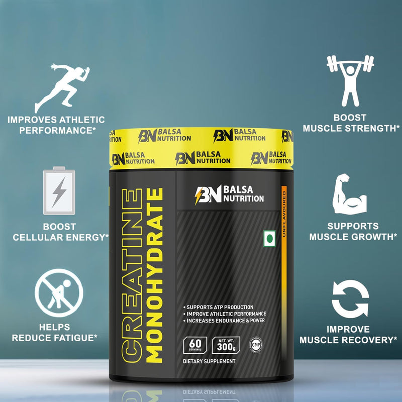 Balsa Nutrition Creatine Monohydrate Powder- 300g, 5g Per Serving (Unflavored) Supports Muscle Strength, Workout & Performance Recovery, Produce Energy, Immune Booster Non- GMO
