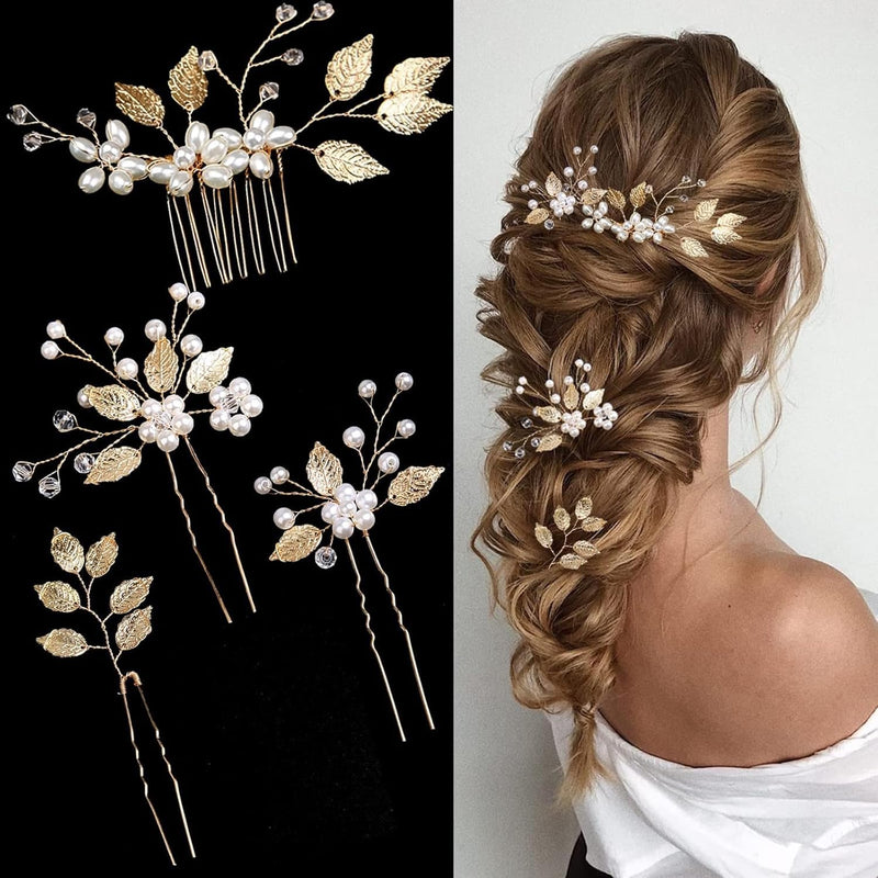 4 Pieces Bridal Wedding Hair Pins, Gold Leaf Hair Pins, Crystal Pearl Flower Hair Forks Vintage Bridal Hair Accessories Wedding Hair Clips Headpiece for Brides Bridesmaids Flower Women and Girls
