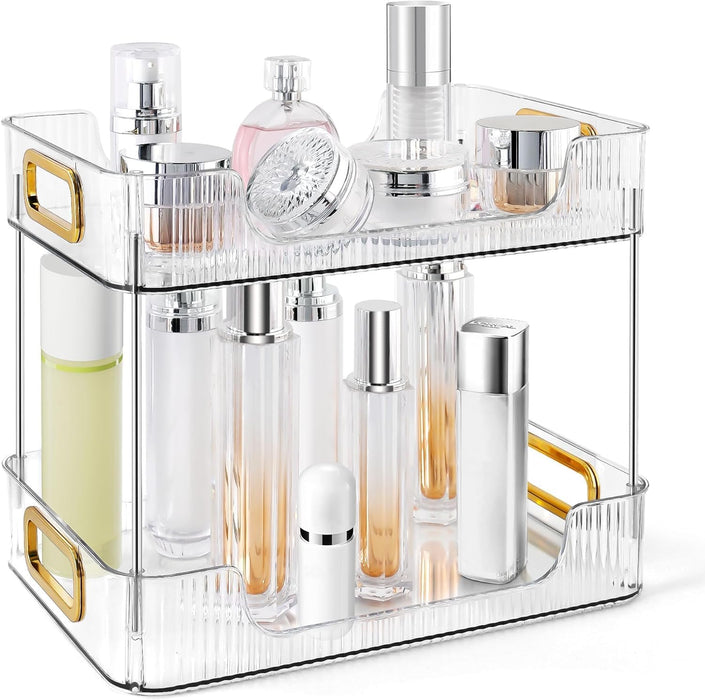 U-HOOME Bathroom Organizer Countertop, Clear Makeup Desk Organzier for Dressing Table, Bathroom Vanity Countertop, 2-Tier Vanity Tray Shelf for Cosmetic, Lotions, Perfume and Toiletries (Clear)
