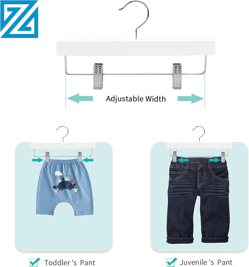 ZOBER Wooden Hanger with Clips for Kids - Premium Adjustable Non-Slip Hangers for Toddlers, Children & Baby Clothes - Durable & Space-Saving Design for Organizing the Cloths Pack of 5 (White)