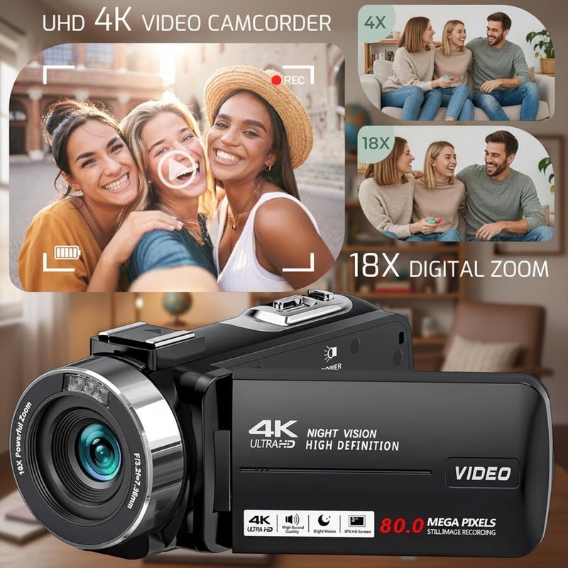 4K 80MP Camcorder Video Camera Ultra HD Vlogging Camera for YouTube 18X Digital Zoom Recorder 3.0" IPS HD Screen With Handheld Stabilizer, Microphone, Remote Control and 32GB SD Card