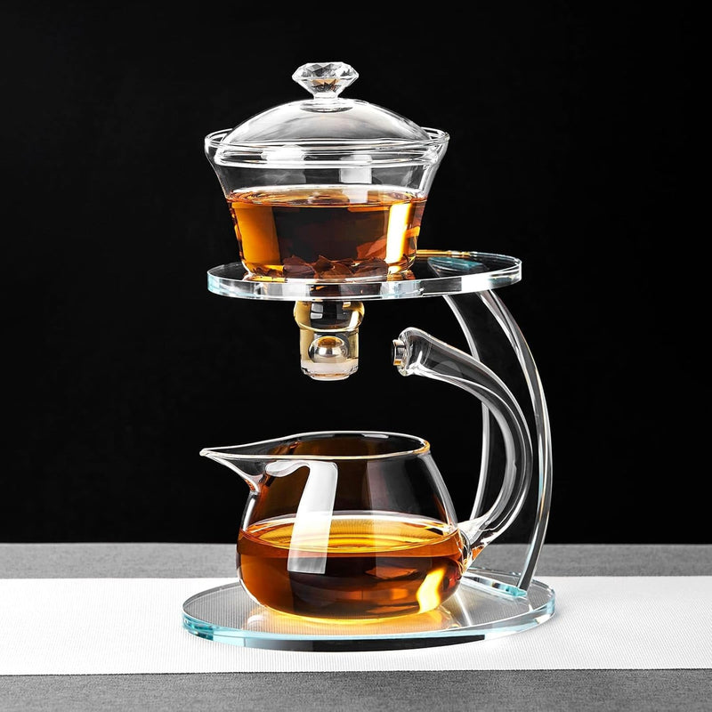 Unbreakable Glass Teapot Set, 340ml Semi-Automatic Rotating Kungfu Tea Pot with Infuser, Borosilicate Glass Drip Teapot for Home, Tea House, Restaurant, Chinese Tea Ceremony