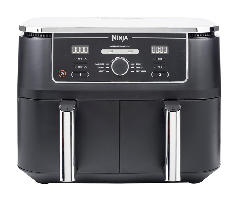 Ninja Foodi MAX Dual Zone Digital Air Fryer, 2 Drawers, 9.5L, 6-in-1, Uses No Oil, Air Fry, Max Crisp, Roast, Bake, Reheat, Dehydrate, Cook 8 Portions, Non-Stick Dishwasher Safe Baskets, Black AF400ME