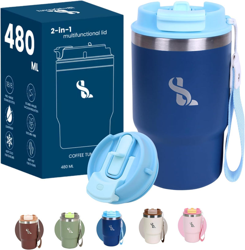 SimplyLivin. Premium Tumbler with Lid and Straw | 480ml (16oz) | Hot and Cold Drinks | Leak Proof | Travel Mug | Coffee Cup | Double Wall Stainless Steel | Unique Packaging for Gifts | Classic Beige