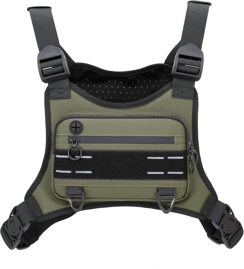 Sports Chest Bag For Men Women, Water Resistant Lightweight Front Chest Pack, Running Vest Bag With Built-In Phone Holder & Extra Storage For Workouts, Running, Cycling - Olive