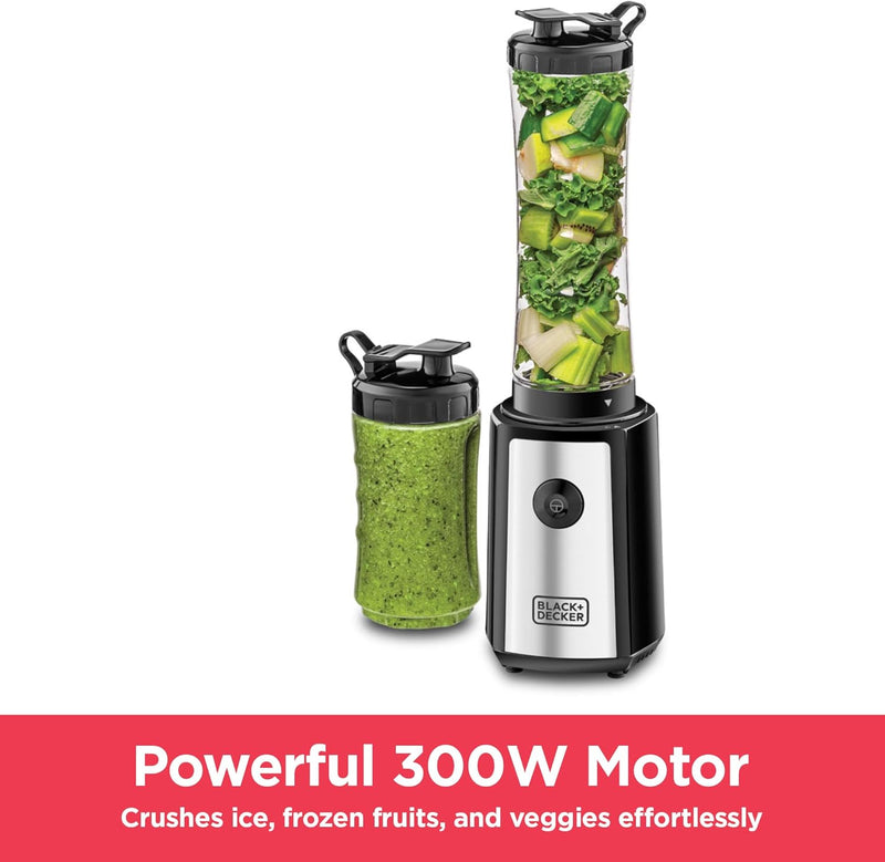 Black & Decker Sports Blender/Smoothie Maker, 300W, 6 Piece with 500ml & 300ml Sports Bottle, 21500 RPM with Turbo Speed, SS Blades to Pulverize Ice & Frozen Fruits, 2 years warranty, SBX300-B5