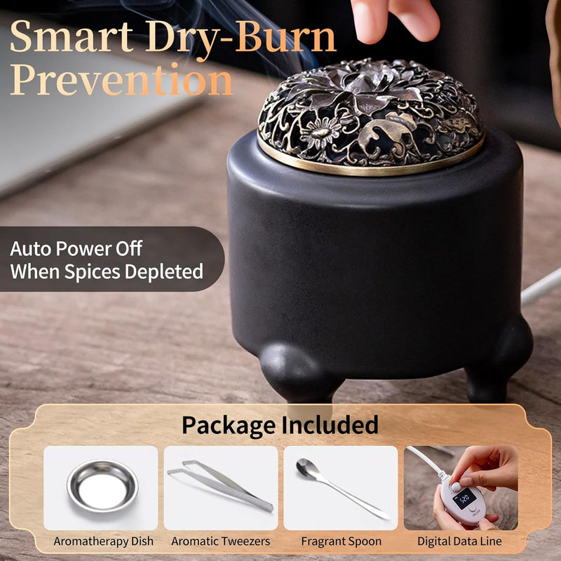 ARCHAEOPTERYX Stoneware Electric Incense Burner & Aroma Diffuser with Adjustable Temperature/Timer Control, for Resin/Frankincense Burner, Fit for Home Decor, Meditation(Black)