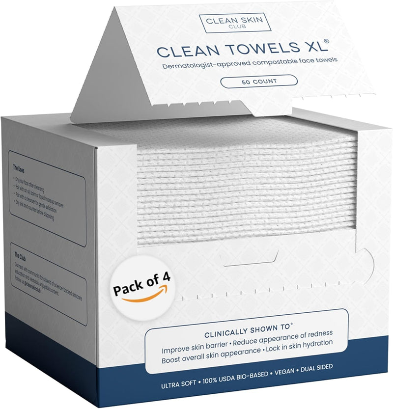 CLEAN SKIN CLUB CSC CT Clean Towels XL/World's First Biodegradable Face Towel/Disposable Makeup Removal Wipes/Super Soft 50 Count Single BoxWhite