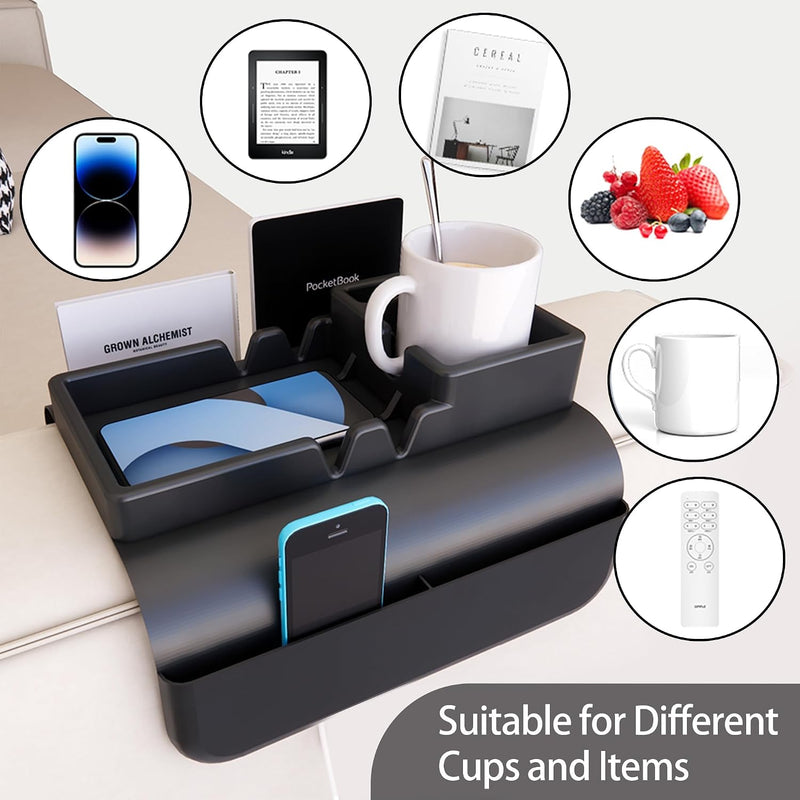 Silicone Sofa Armrest Tray with 5 Side Pockets Anti-Slip Recliner Armchair Caddy Organizer for Drinks, Remote, Tablet, Snacks, Phone Living Room Couch Storage Holder, Black