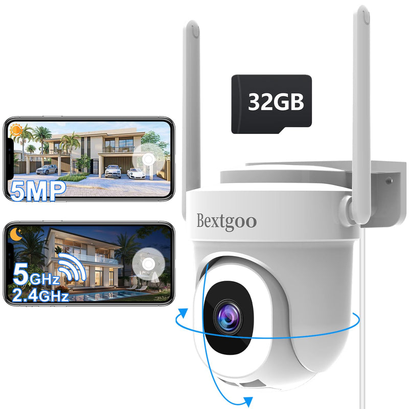 3K 5MP Security Camera Outdoor, 2.4G/5GHz WiFi Wired Camera for Home Security with 32GB TF Card-No Monthly Fee, Video Playback, 24/7 Recording, 360° Motion Tracking, Color Night Vision, 2-Way Audio