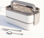 Stainless Steel Lunch Box: 1100ml 2-Layer Insulated Bento Lunch Box for Adults and kids - 304 Lunch Containers Insulated Leakproof with Tableware & Bag - Microwave & Dishwasher Safe (Khaki) - Light white