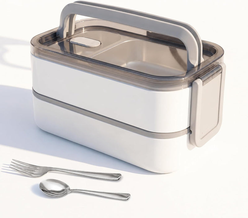 Stainless Steel Lunch Box: 1100ml 2-Layer Insulated Bento Lunch Box for Adults and kids - 304 Lunch Containers Insulated Leakproof with Tableware & Bag - Microwave & Dishwasher Safe (Khaki) - Light white