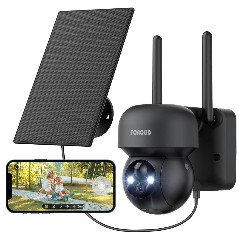 Solar Security Cameras Wireless Outdoor - Battery Power Cameras for Home Security Wifi Cameras Outside Surveillance Camera PTZ 360° Camera System with Floodlight Color Night Vision Motion Sensor Alarm