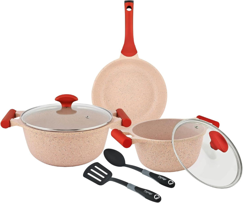 Prestige Essentials Granite 7 Piece Non-Stick Cast Aluminium Cookware Sets Induction Compatible Pots and Pans Set Grenn - PR80960 - Pink
