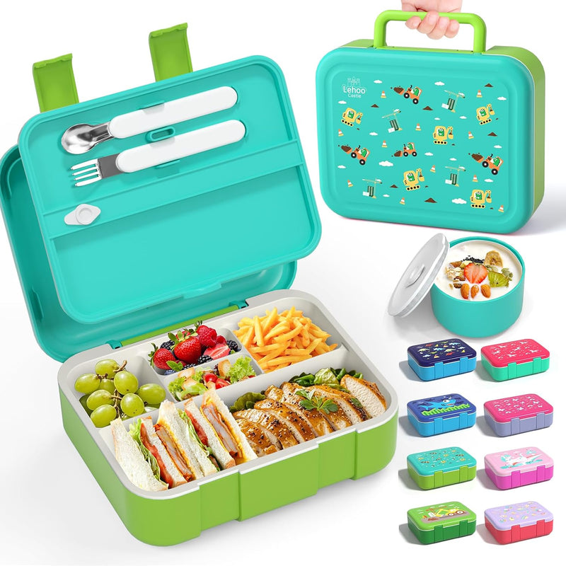 5-Compartment Bento Lunch Box for Kids, 1250ml Leak-Proof Container with Utensils, BPA-Free Toddler Lunchbox for School Travel, Boys Girls (Dinosaur Excavator) - Green-dinosaur Excavator