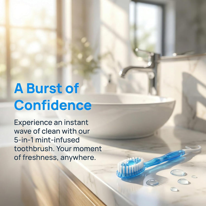 32 Pack 5-in-1 Disposable Toothbrushes with Toothpaste, Floss, Pick & Tongue Scraper, Portable Mini Travel Toothbrush Set for Adults, Individually Wrapped, Work Camping, 4 Flavor