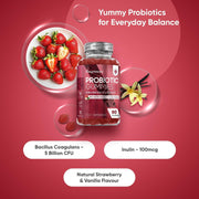Probiotic Gummies with Prebiotics - Bacillus Coagulans 5 Billion CFU + Inulin (Prebiotic) - Supports Gut Health - for Women & Men - Strawberry & Vanilla - 5 Billion CFU - 90 Gummies
