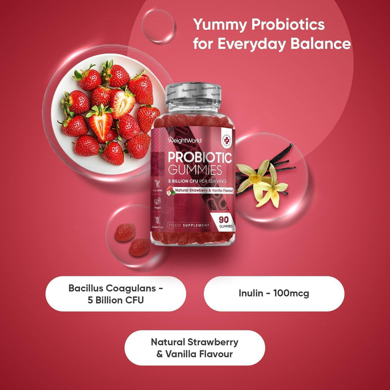 Probiotic Gummies with Prebiotics - Bacillus Coagulans 5 Billion CFU + Inulin (Prebiotic) - Supports Gut Health - for Women & Men - Strawberry & Vanilla - 5 Billion CFU - 90 Gummies