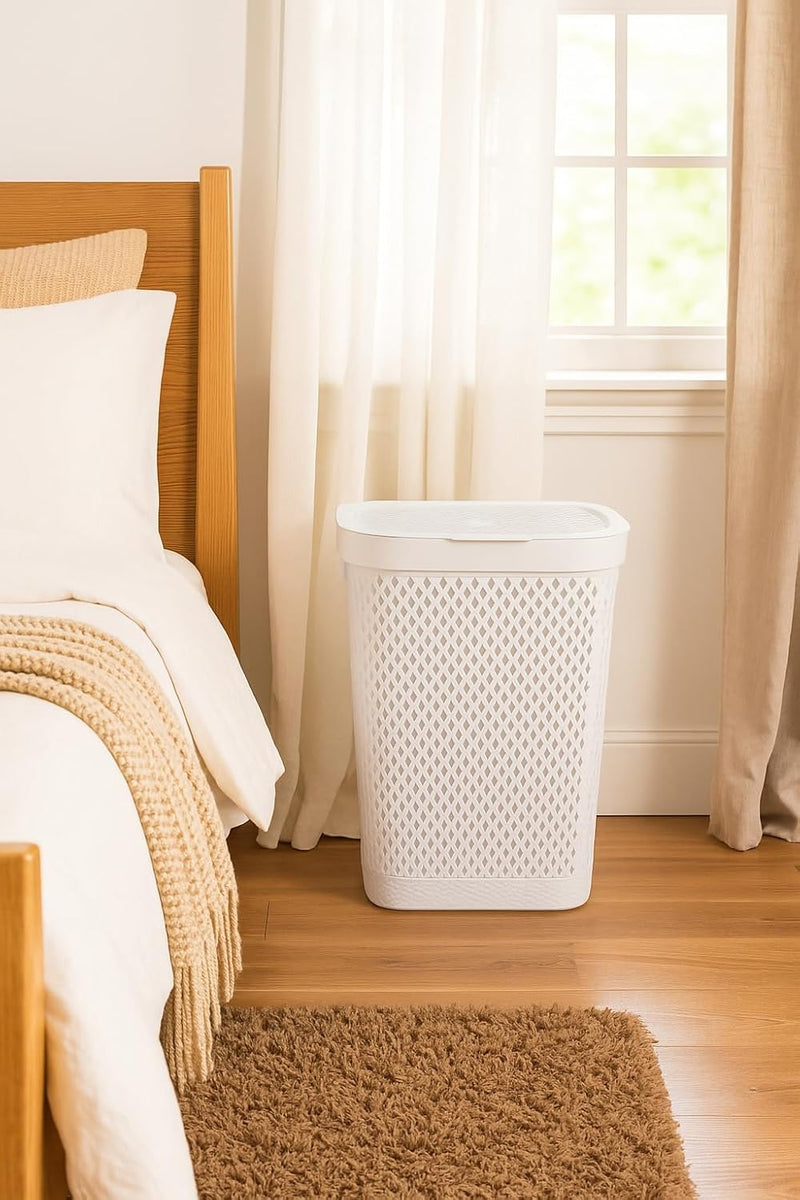 Premium Plastic Laundry Basket with Lid 55 Litre Durable & Ventilated Clothes Hamper for Laundry Storage Large Capacity, Lightweight & Easy to Carry Random Colors (White or Grey)