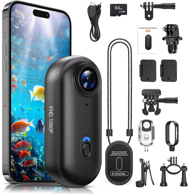 Poat Action Camera, Mini Pov Camera for vlogging, IPX7 Waterproof, Body Camera with 120 Wide Angle, POV Recording for Diving, 10+ Accessories Helmet Cam for Motorcycle, Cycling (64G-Card) - Black