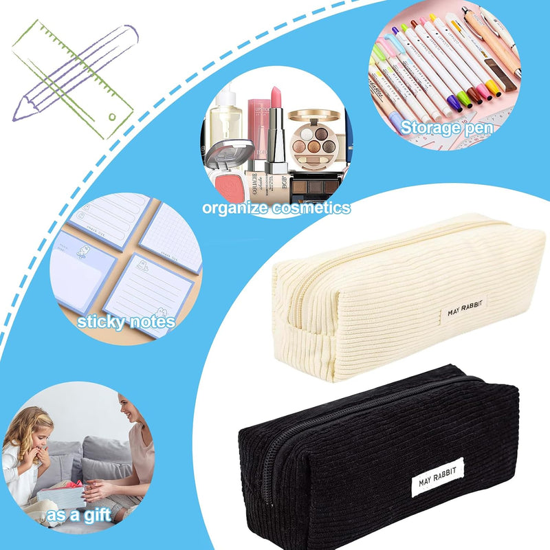 2 Pieces Pencil Case, Monochrome Pencil Case, Corduroy Pencil Case, for School, Office, Travel, Black And Cream, No