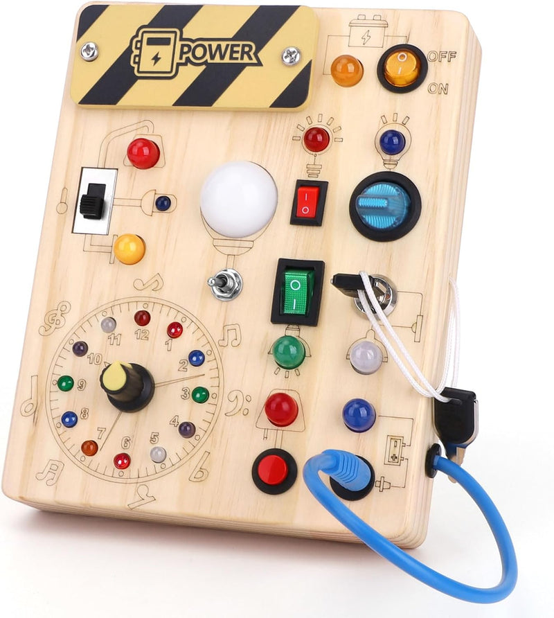 Hoarosall Montessori toys Clock Wooden Busy Board with 11 LED Light switches, Tooddler Toys Sensory Toys Travel Toys for 1+ Year Old Baby and Toddler