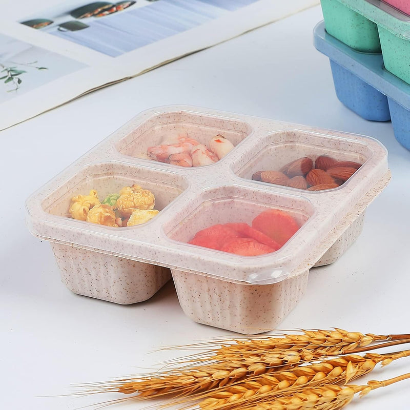 BIGTHREE 4 Pack Bento Snack Containers Set, Wheat Straw Meal Prep Lunch Box, 4 Compartment Snack Bento Boxes with Clear Lids, Microwave and Dishwasher Safe for Adults & Kids