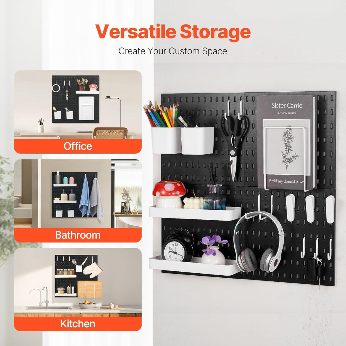 SKY-TOUCH Modular Pegboard Wall Organizer Kit - 2 Pegboards, 10 Accessories, No Drill Installation, Space-Saving Storage & Display for Kitchen, Office, Bathroom (Black) – image 4
