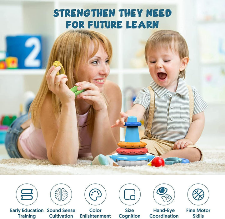 AM ANNA Stacking & Nesting Circle Toy, Infant Rainbow Stacking Rings with Sounds Newborn Toys for 1+ Year Old Boy Girl,Montessori Sensory Squeeze Play with Early Educational Learning Stacking Tower