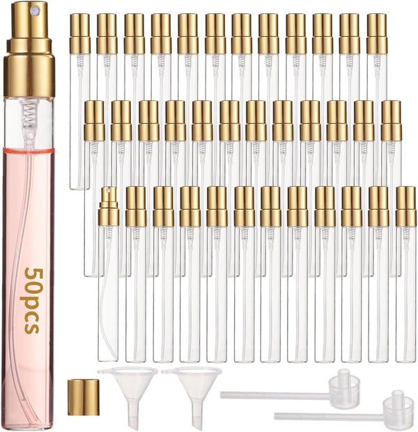 50 Pcs 10 ml Perfume Bottles - Refillable Glass Mini Spray Bottles, Portable Travel Sample Containers, Fine Mist Atomizers with Caps, Includes 2 Funnels and 2 Dispensers, Ideal for Liquids