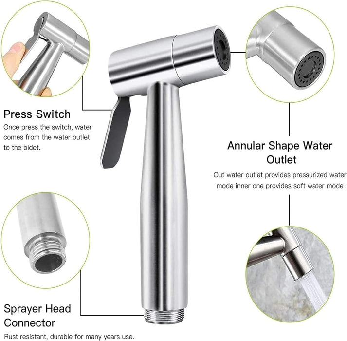 Sulfar 3 Pcs Bidet Toilet Spray Gun Set, Handheld Bidet Sprayer Shattaf with Stainless Steel Chrome Hose Toilet Water Sprayer, Silver